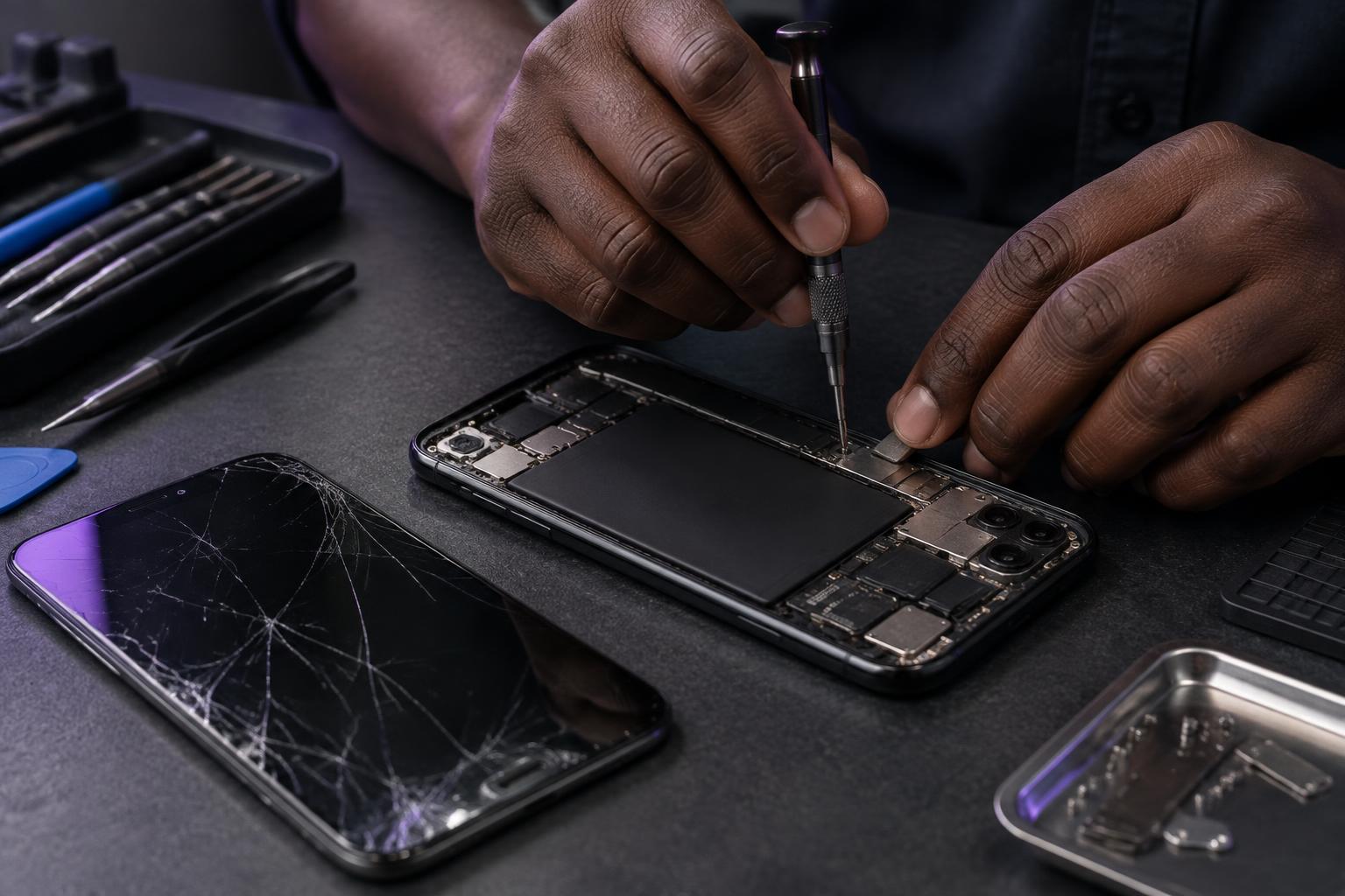Hands carefully repairing an opened smartphone