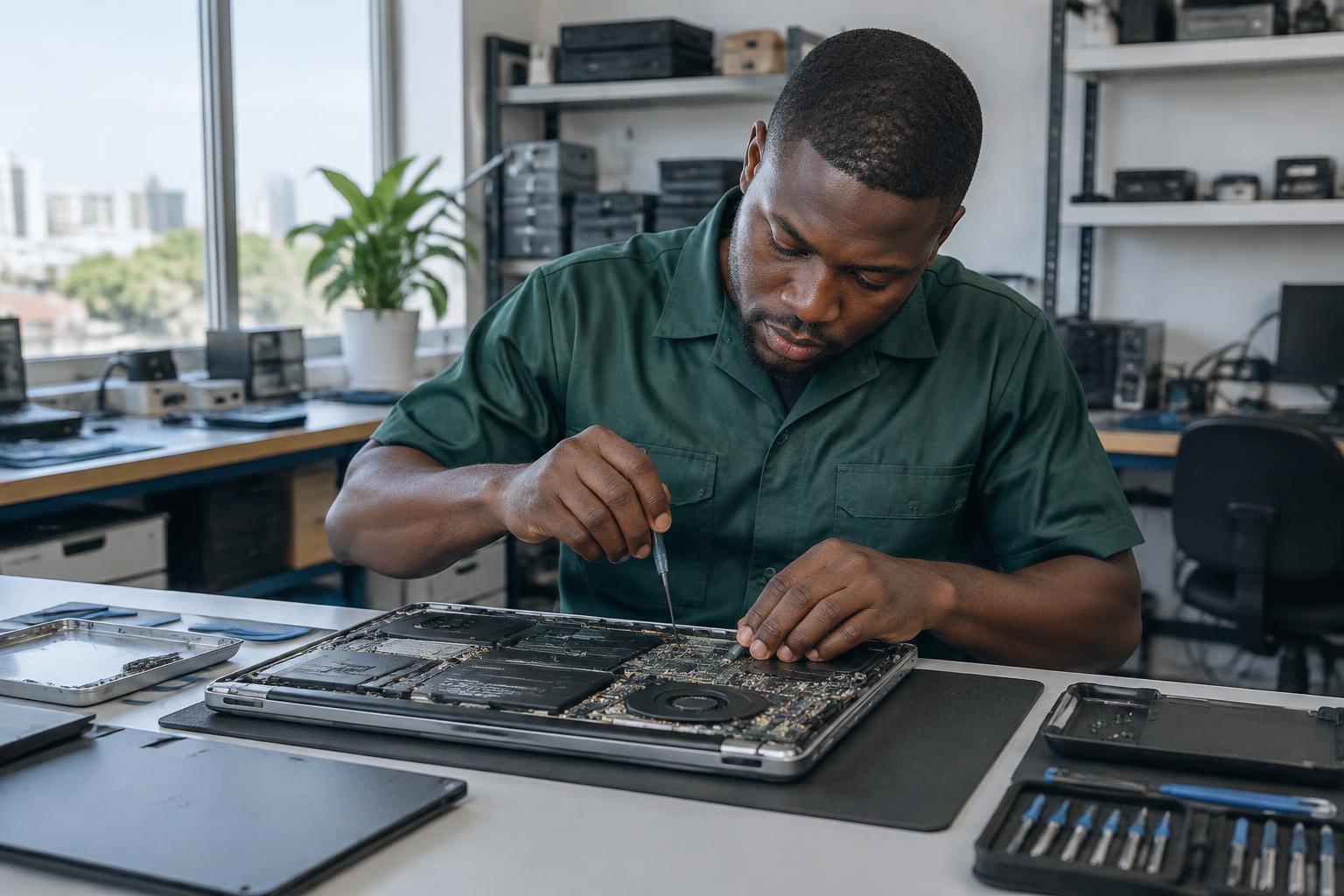 Illustrative repair technician in a workshop